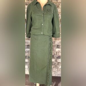 Linen Blend 2 Piece Set Olive Green Button Front Top Midi Skirt Size 12